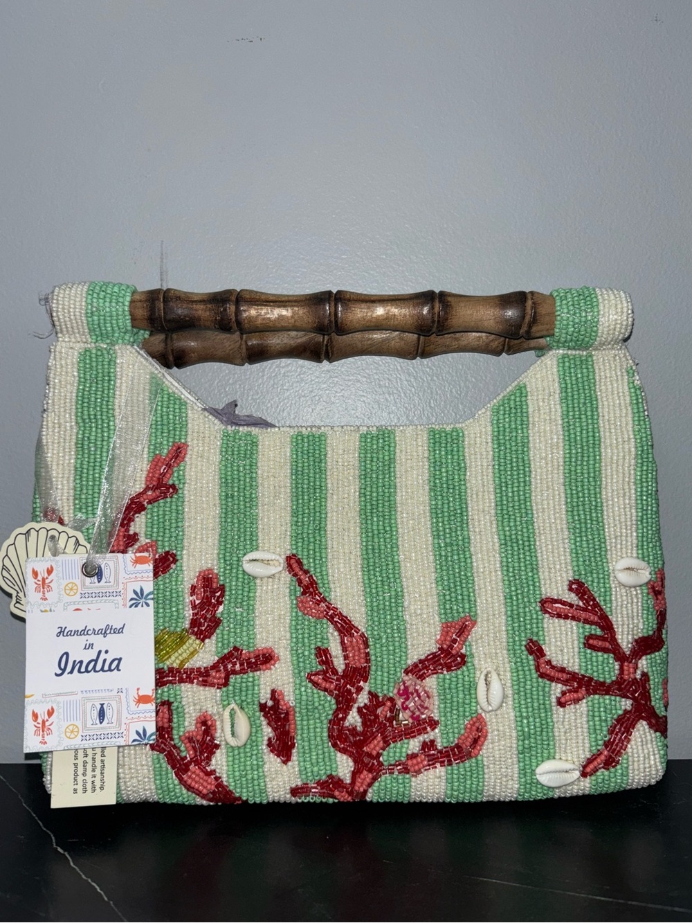 🪸NEW Handcrafted in India Coral Beaded Handbag with wooden Handle